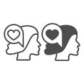 Woman half face, head and heart in dialogue box line and solid icon, love concept, love messege vector sign on white