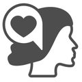 Woman half face, head and heart in dialogue box solid icon, love concept, love messege vector sign on white background