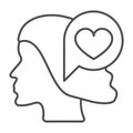 Woman half face, head and heart in dialogue box thin line icon, love concept, love messege vector sign on white