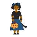 Woman in Halloweeen cat costume with a pumpkin Cartoon illustration