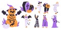 Woman at Halloween Dressed in Costume Enjoy Night Party Vector Set
