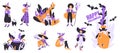 Woman at Halloween in Witch Costume Enjoy Night Party Vector Set