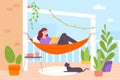 Woman in hammock on balcony. Girl reading book relaxing at home terrace with green flowers plant, summer holiday Royalty Free Stock Photo