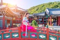 Woman with Hanbok in Gyeongbokgung, the traditional Korean dress. Royalty Free Stock Photo