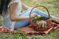 Woman hand apple and basket Royalty Free Stock Photo