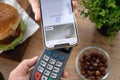 Woman hand Apple iPhone Raiffeisenbank pay pass online POS terminal