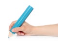 Woman hand with big blue wooden pencil Royalty Free Stock Photo