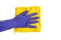 Woman hand in blue rubber glove with microfiber multipurpose yellow rag for all surfaces, isolated on white background, top view