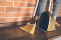 Woman hand broom dustpan in home