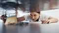 Woman, hand broom or sweeping dust in house, home or hotel bedroom in housekeeping cleaning, cleaner service or hygiene Royalty Free Stock Photo