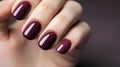 Woman hand with burgundy color nail polish on her fingernails. Burgundy nail manicure with gel polish at luxury beauty salon. Nail