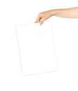 Woman hand card. Hand holding blank business paper card isolated on white background. Layout and mockup for design Royalty Free Stock Photo
