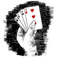 Woman hand with cards playing poker, bad low cards bluff, lose game, holding cards. Black white monocrome ink sketch Royalty Free Stock Photo