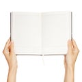 Woman hand carrying an empty book isolated