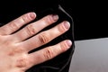 Woman hand cleaning laptop computer screen with cloth Royalty Free Stock Photo