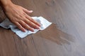 Woman hand cleaning office table surface with wet wipes stock photo Royalty Free Stock Photo