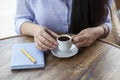 Woman hand coffee and notepad Royalty Free Stock Photo