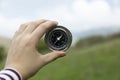 Woman hand compass in mountain Royalty Free Stock Photo