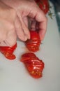 Woman hand cutting fresh tomatoes on plastic cutting Royalty Free Stock Photo