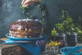 Woman hand is decorating delicious homemade cake, served on wooden table. Chocolate cake food photography recipe idea Royalty Free Stock Photo