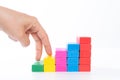 Woman hand finger walk on stacked wooden block like stairs. Business development and growth concept Royalty Free Stock Photo