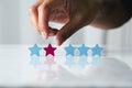 Woman hand give five stars rating review customer satisfaction concept