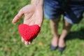 Woman hand giving red hand-made crocheted heart with green grass background and copy space. Valentine`s Day. Symbol of love. Royalty Free Stock Photo