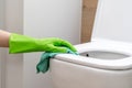 Woman hand in a green protection gloves cleaning toilet Royalty Free Stock Photo