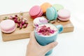 Woman hand hold blue cappuccino cup with roses petals and beauty macarons on wood desk Royalty Free Stock Photo