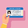 Woman hand hold car driver license female identification photo flat design vector illustration