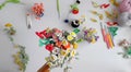 Woman hand hold handmade crochet product, bunch of colorful flower, beautiful artwork diy in leisure activity