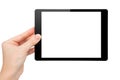 Woman hand hold a mini tablet with isolated screen Royalty Free Stock Photo