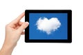 Woman hand hold a tablet with blue sky and cloud in the heart of Royalty Free Stock Photo