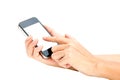 Woman hand hold and touch screen smart phone, tablet,cellphone o Royalty Free Stock Photo