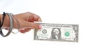 Woman hand holding american one dollar bill on isolated white cutout background. Studio photo with studio lighting easy to use for Royalty Free Stock Photo