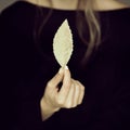 Woman hand holding autumn leaf, melancolic sensual studio shot Royalty Free Stock Photo