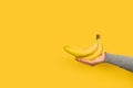 Woman hand holding bananas on a yellow background Royalty Free Stock Photo