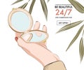 Woman Hand Holding Beauty Mirror, Fashion Style Vintage Illustration, Cosmetolog Promotion, Summer Beauty, Cosmetics Sale,