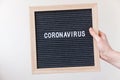 Woman hand holding black letter board with text phrase Coronavirus. Novel coronavirus 2019-nCoV, MERS-Cov middle East