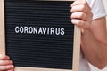 Woman hand holding black letter board with text phrase Coronavirus. Novel coronavirus 2019-nCoV, MERS-Cov middle East respiratory