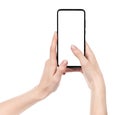 Woman hand holding the black new smartphone with blank screen isolated white background. hands using phone clipping path Royalty Free Stock Photo