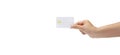 woman Hand holding blank credit chip card isolated on a white background with clipping path, for business and finance, or payment