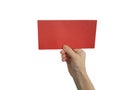 Woman hand holding blank red card paper, isolated on white background Royalty Free Stock Photo