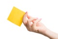 Woman hand holding blank yellow notepaper Royalty Free Stock Photo