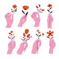 Woman hand holding a bouquet of flowers vector flat style, modern cartoon set icon collection. Royalty Free Stock Photo