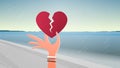 Woman hand holding broken heart depression life crisis break up divorce betrayal concept sea beach seascape background