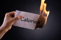 Woman hand holding a burning piece of paper with the word calories. Healthcare concept Royalty Free Stock Photo