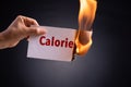 Woman hand holding a burning piece of paper with the word calories. Healthcare concept Royalty Free Stock Photo