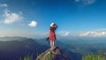 Woman hand holding camera and standing on top of the rock in nature. Travel concept. Vintage tone Royalty Free Stock Photo