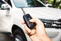 Woman hand holding a car key remote Royalty Free Stock Photo